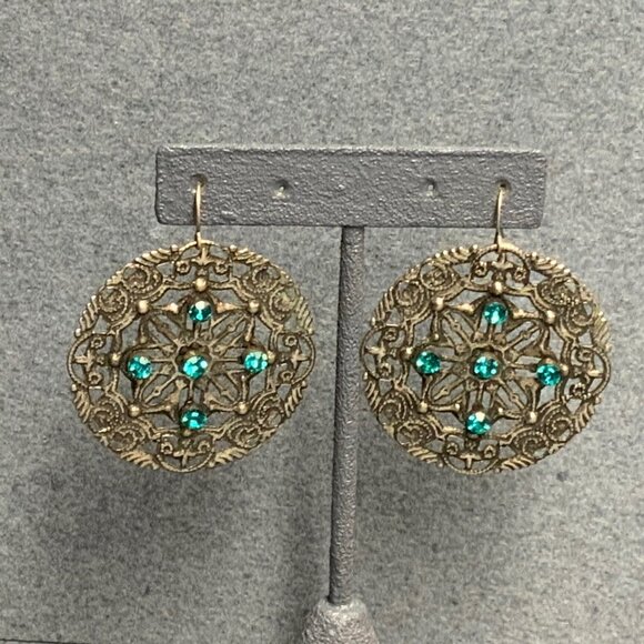 Mandala Filigree Dangle Earrings 1.75 In Silver Turquoise Rhinestone Exotic Glam - Picture 1 of 3